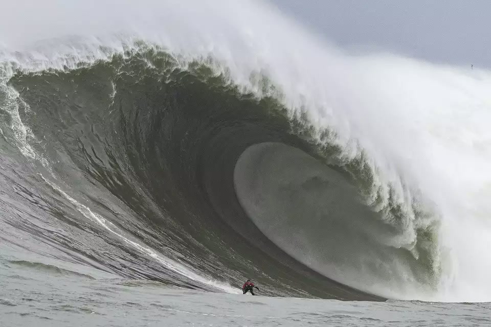 Alo Slebir surfs a 108 foot wave at Mavericks in Half Moon Bay, CA, Dec 23 2024