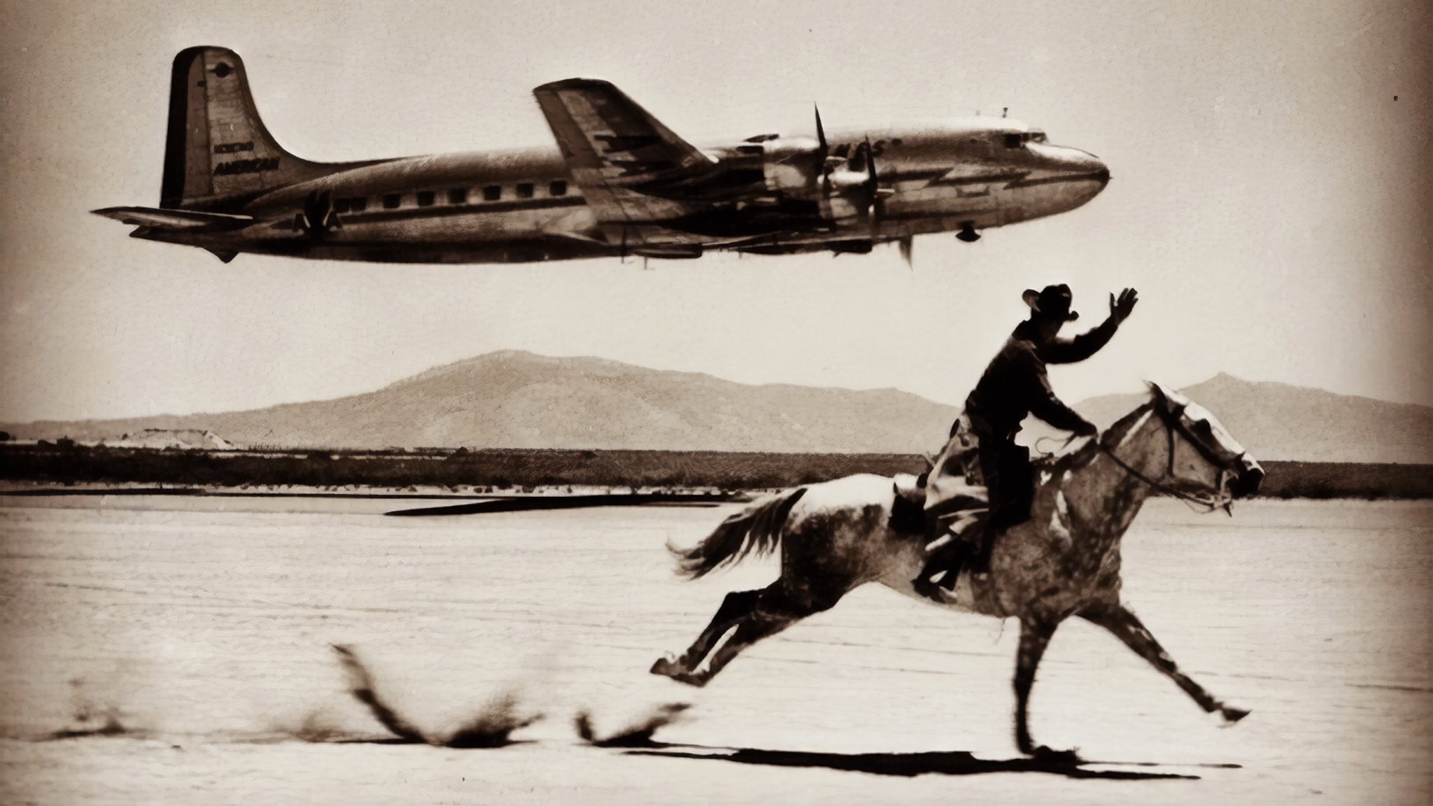 Cowboy waving at a plane