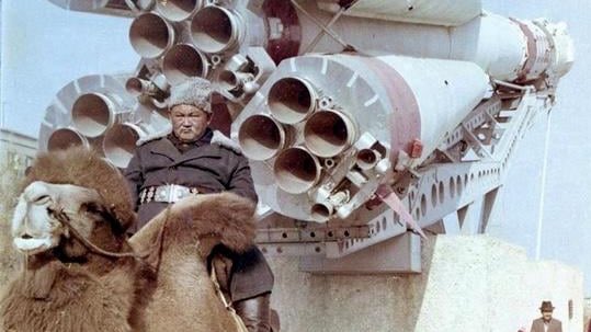 Man on camels at the Baikonur Cosmodrome