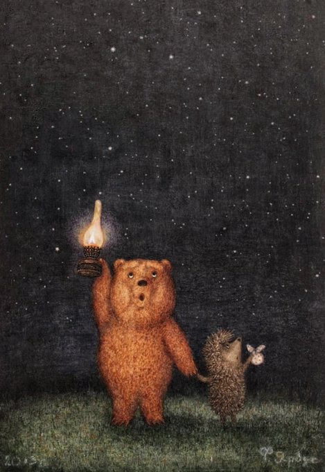 With the light of their kerosene lamp, Hedgehog and Bear help the Space Ship dock with the Station, by Francheska Yarbusova