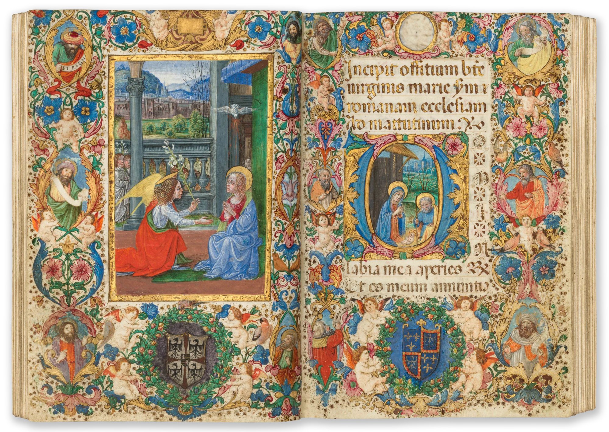 Illuminated book of hours annunciation and nativity spread